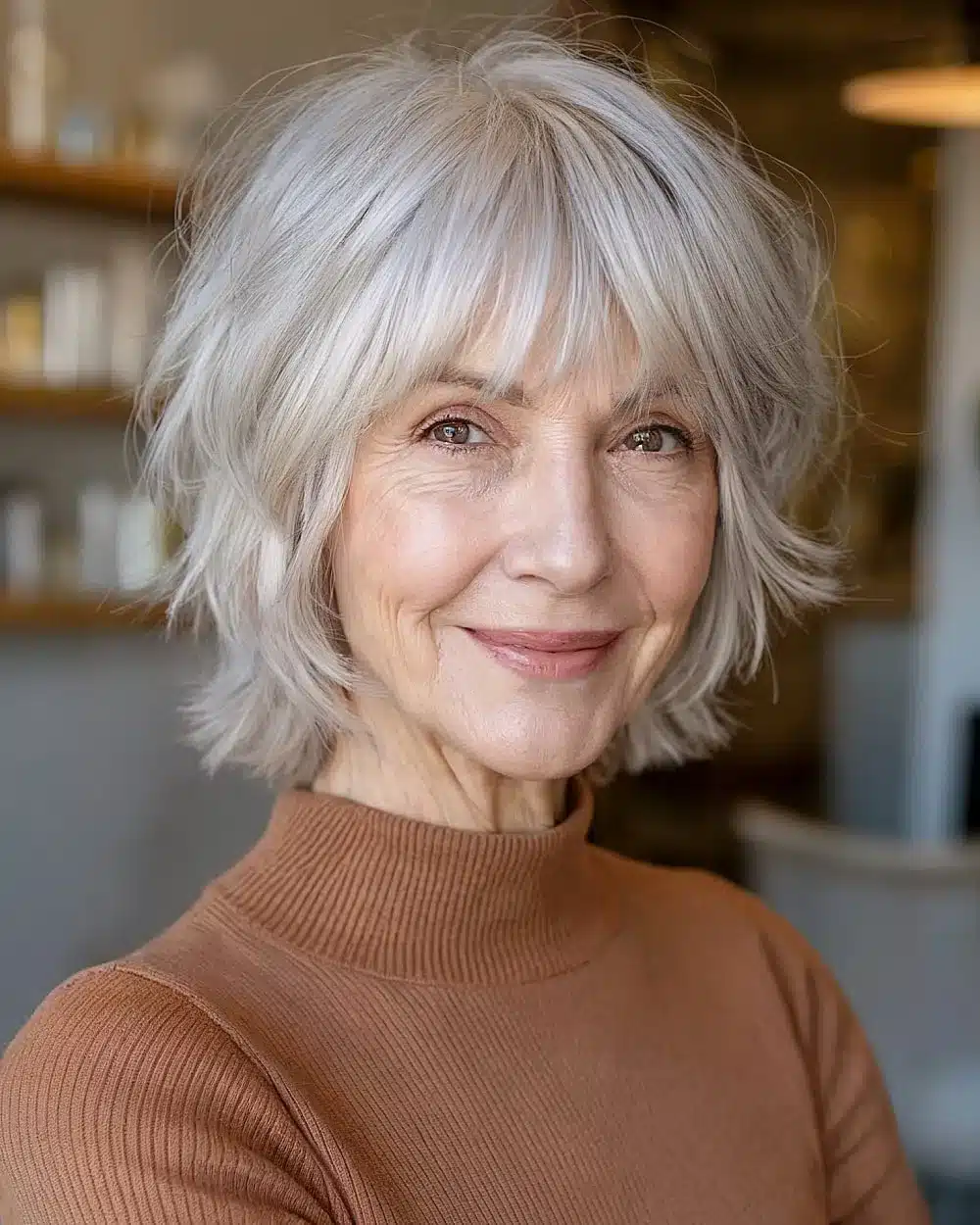 Short layered shag with bangs for thin gray hair, one of 50 pretty shag haircuts for thin hair women over 70 swear make them look younger