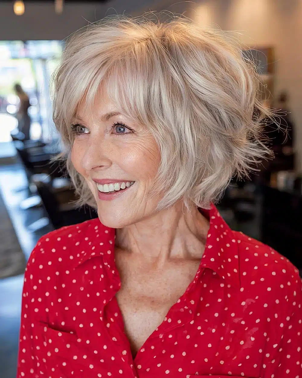 Layered bob shag with tousled texture and platinum tones, featured in 50 pretty shag haircuts for thin hair women over 70 swear make them look younger