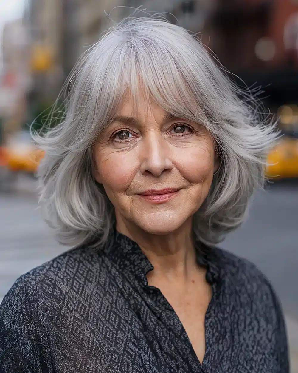 Face-framing shag with bangs for round face shape and gray hair, part of 50 pretty shag haircuts for thin hair women over 70 swear make them look younger