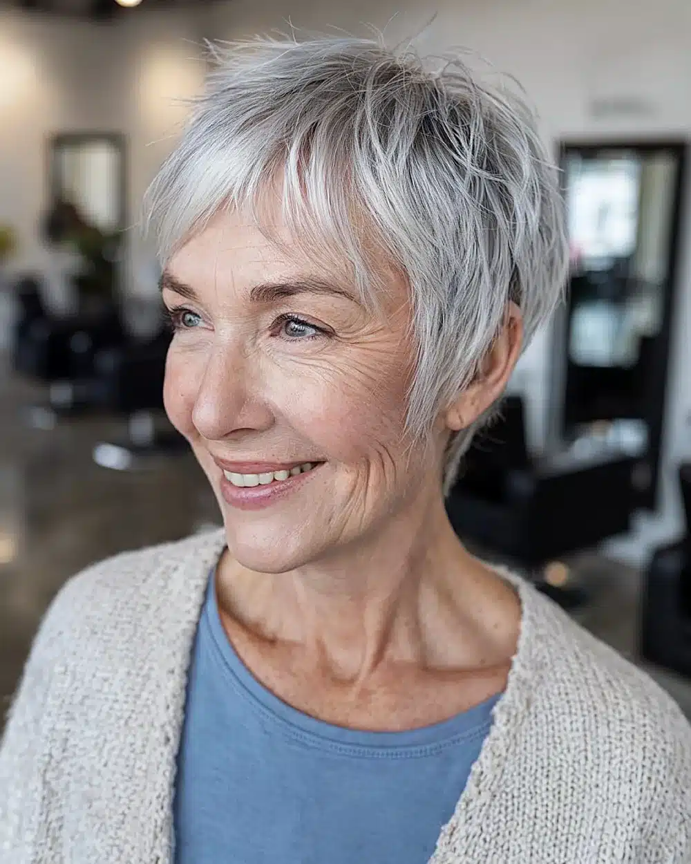 Short pixie shag with textured ends and wispy fringe, included in 50 pretty shag haircuts for thin hair women over 70 swear make them look younger