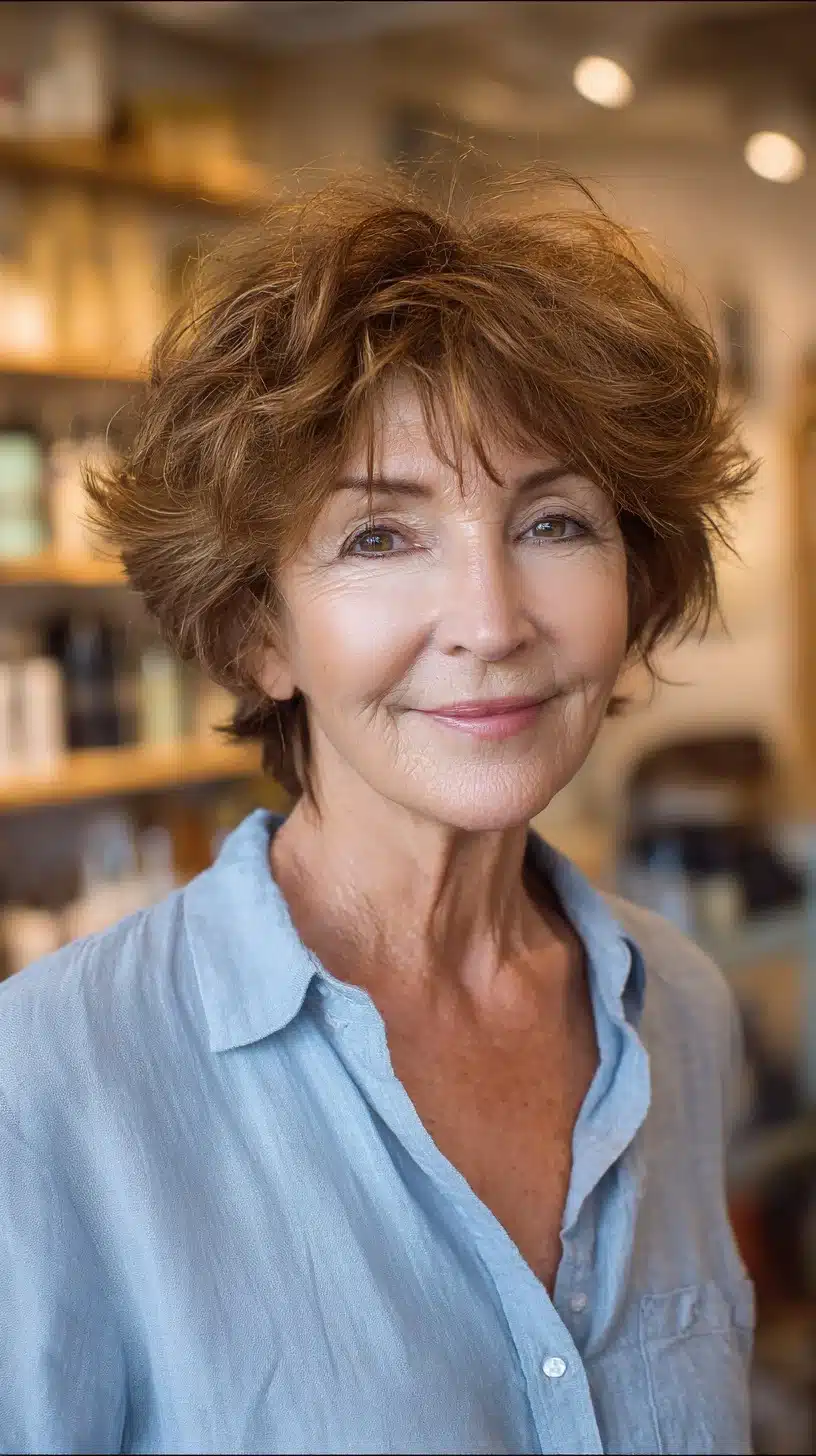 Breezy chestnut textured shag with voluminous layers, one of 50 pretty shag haircuts for thin hair women over 70 swear make them look younger