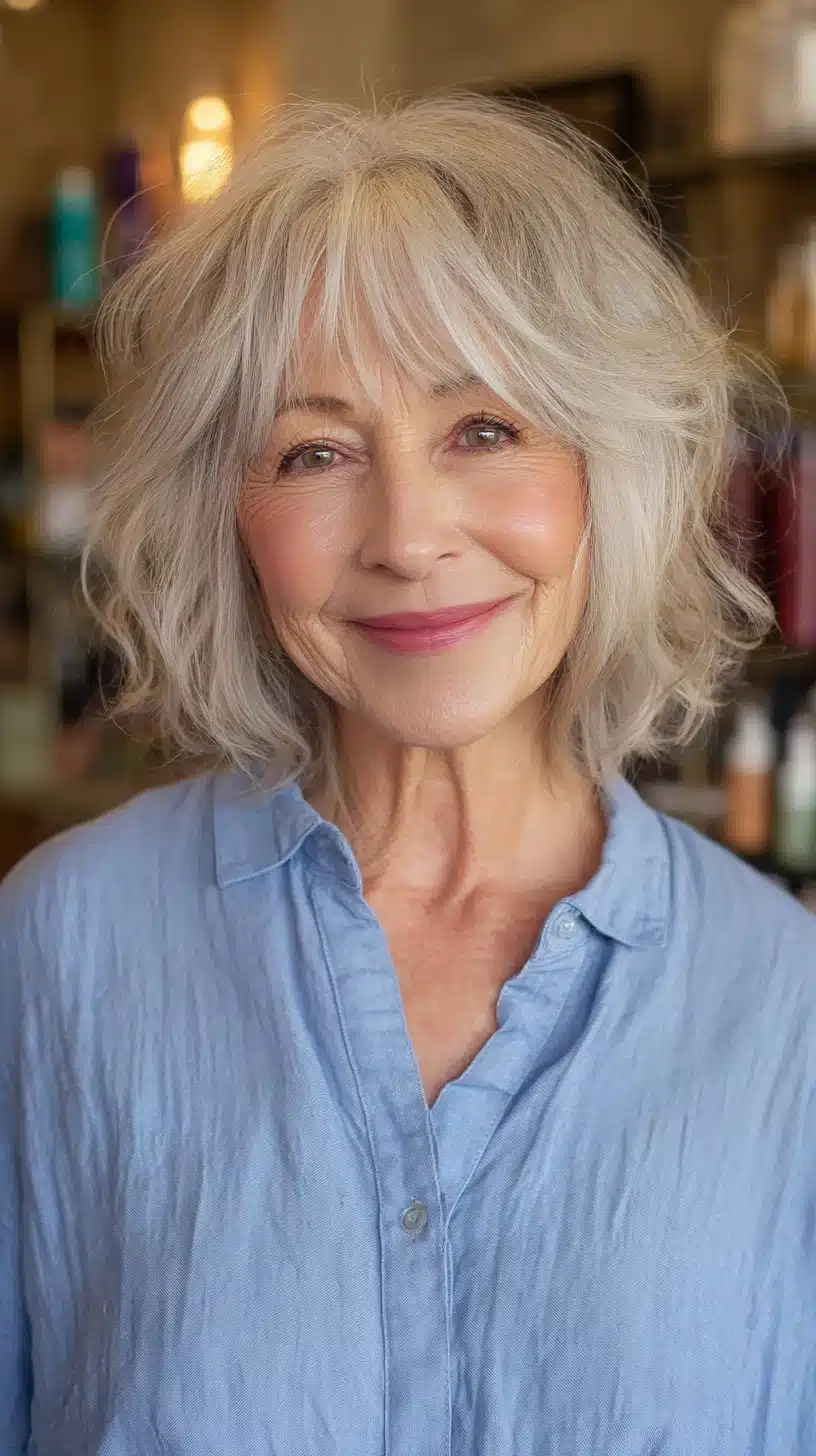 Soft silver textured layers for elegant seniors, included in 50 pretty shag haircuts for thin hair women over 70 swear make them look younger
