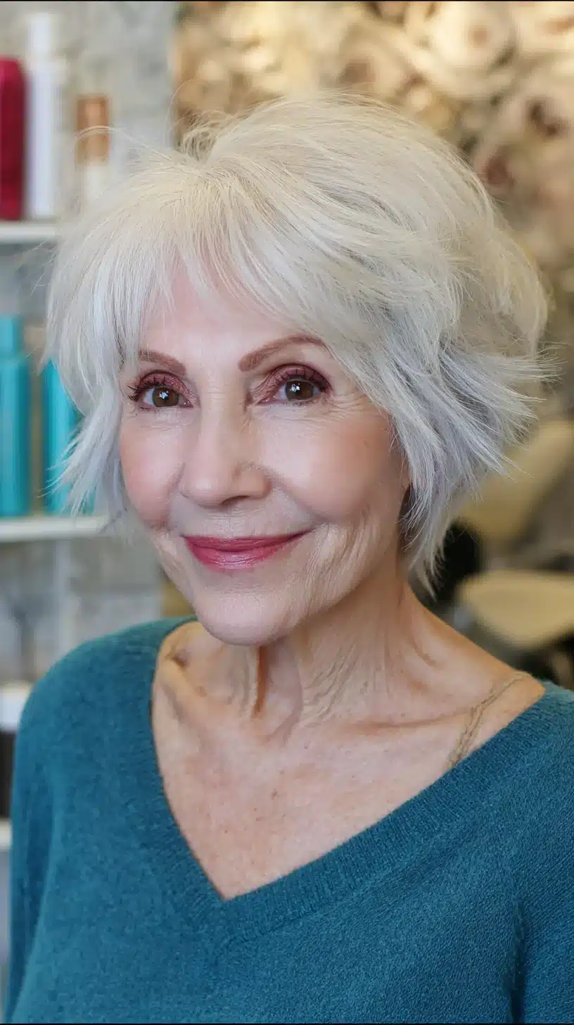Feathered silver pixie with dynamic layering, showcased in 50 pretty shag haircuts for thin hair women over 70 swear make them look younger