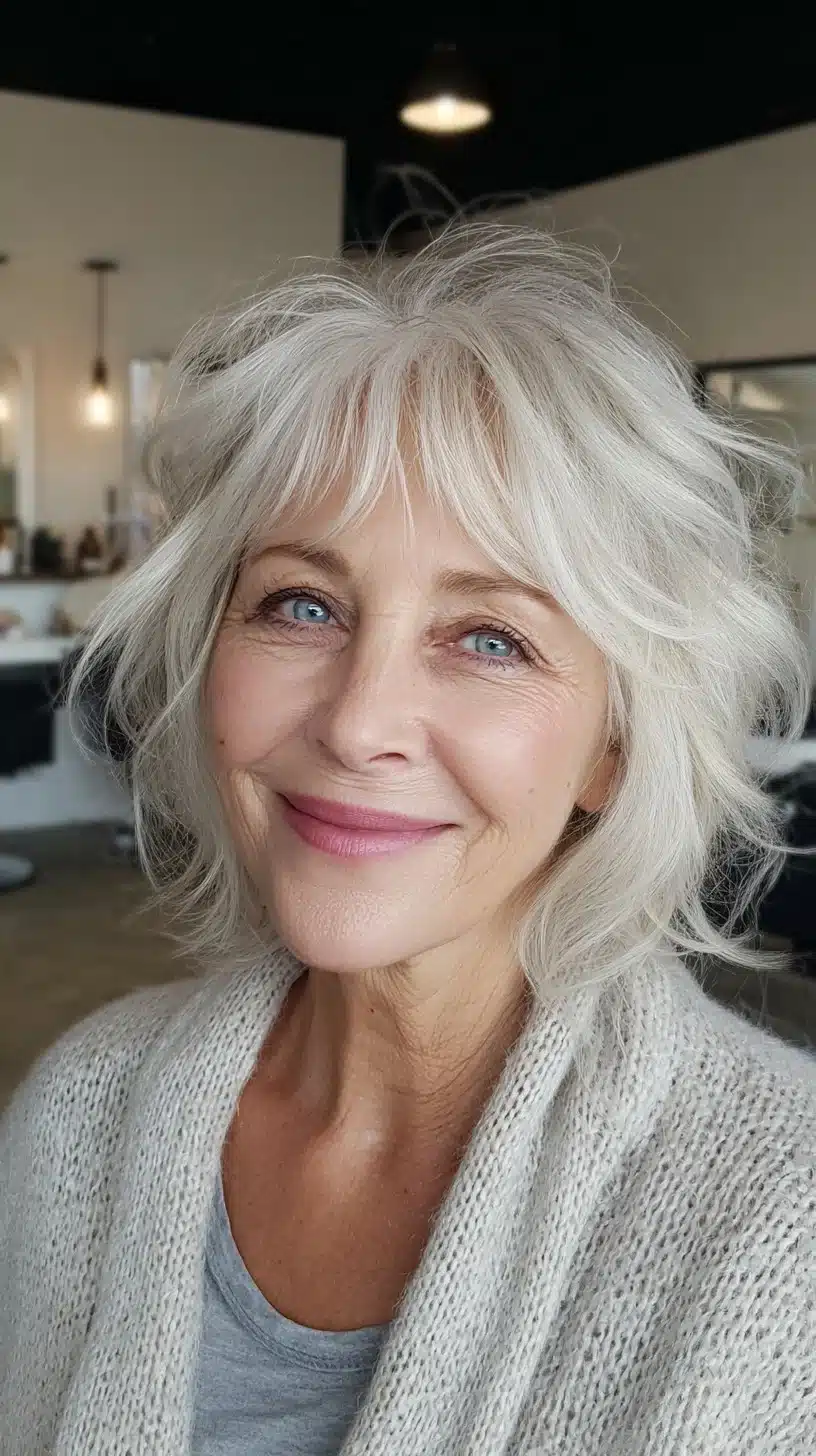 Graceful platinum tousled shag with soft fringe, featured in 50 pretty shag haircuts for thin hair women over 70 swear make them look younger