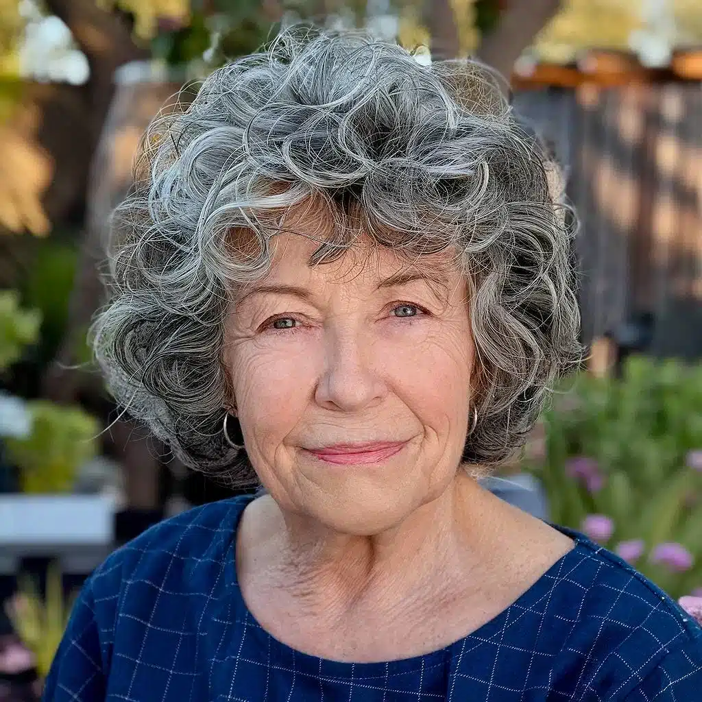 Short shag haircut with layered curls for women over 70, adding natural volume and bounce