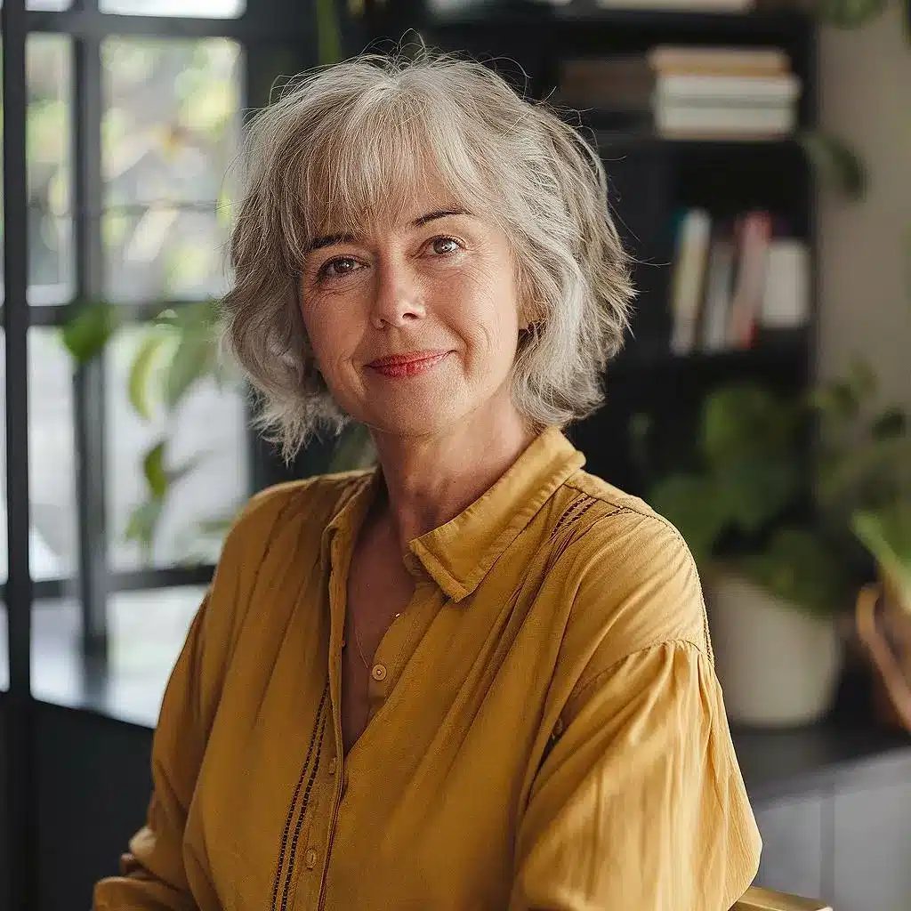 Messy short shag haircut with bob shape and feathered layers for women over 70