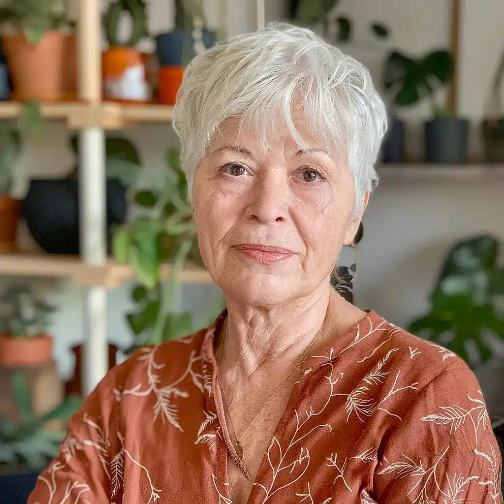 Shaggy short haircut with lifted crown and soft bangs for women over 70, flattering round faces
