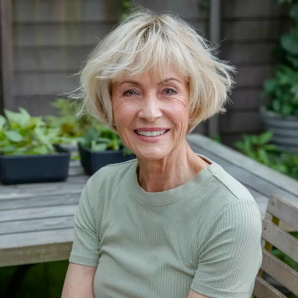 Short shaggy haircut for fine hair over 70, layered for texture and volume at the crown