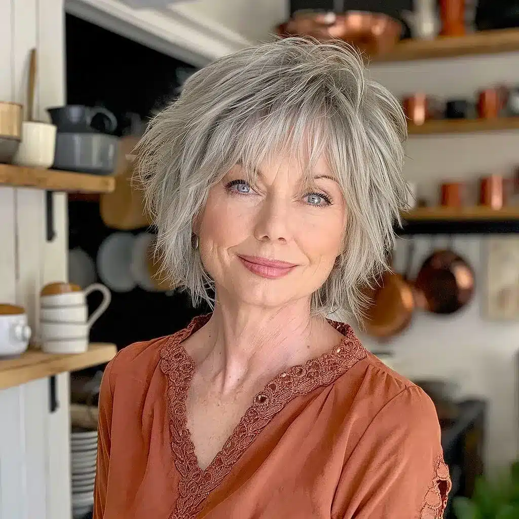 Medium short shag haircut with messy texture and layers for women over 70, styled with tousled volume