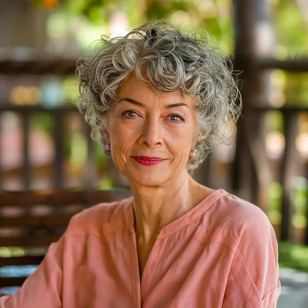 Short curly shag haircut with defined layers for women over 70, perfect for natural curls and texture