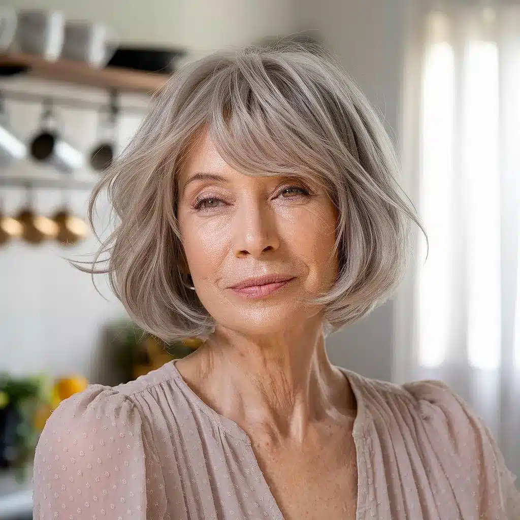 Short shaggy bob with face-framing layers for women over 70, softly styled with curtain bangs