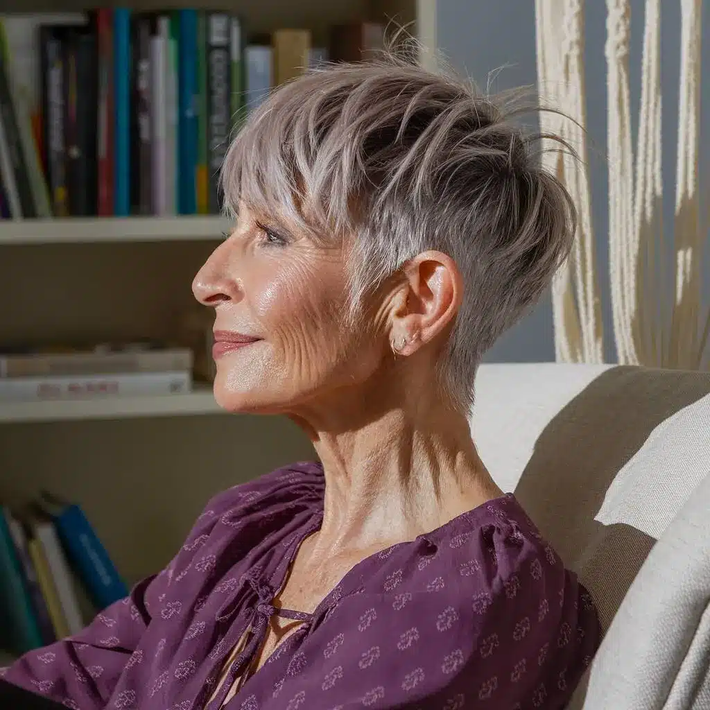 Short shaggy pixie haircut with tapered back and layered crown for women over 70, great for fine hair