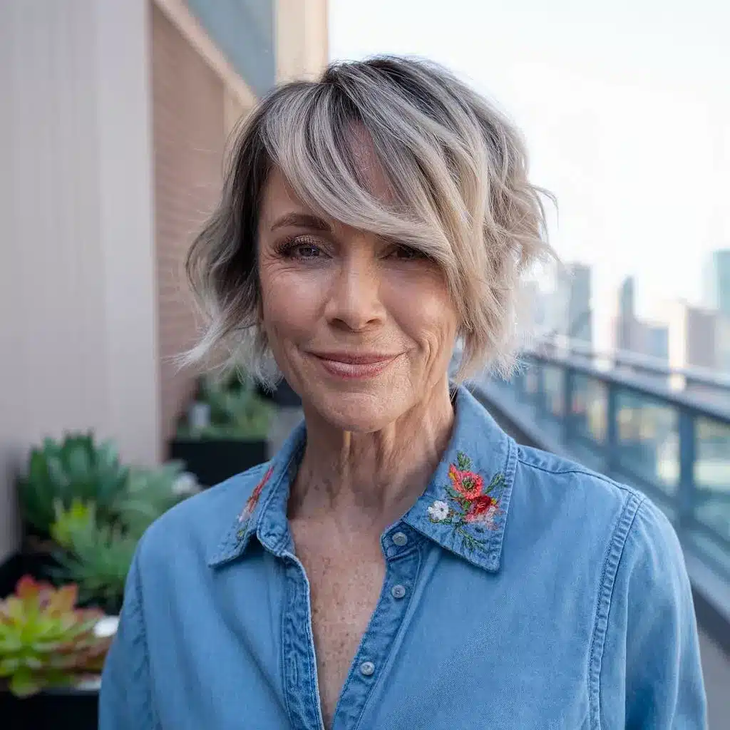 Short shag haircut with choppy layers for women over 70, styled with soft waves and long side bangs
