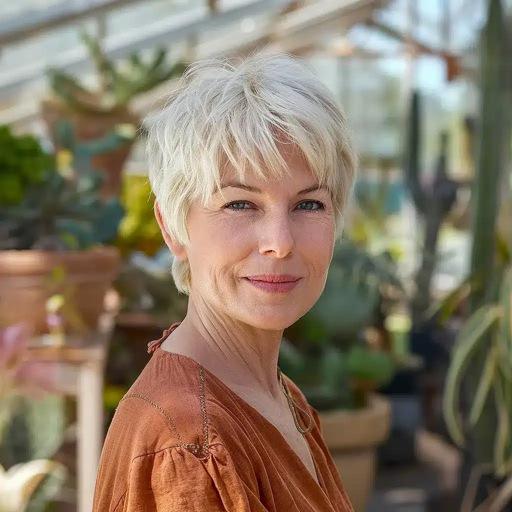Short shag haircut with bangs and crown volume for women over 70, textured and face-framing