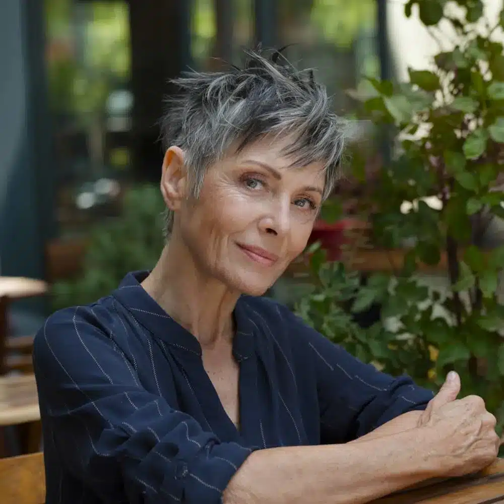 Razor-cut shaggy pixie for women over 70 with textured layers and soft fringe for volume and shape