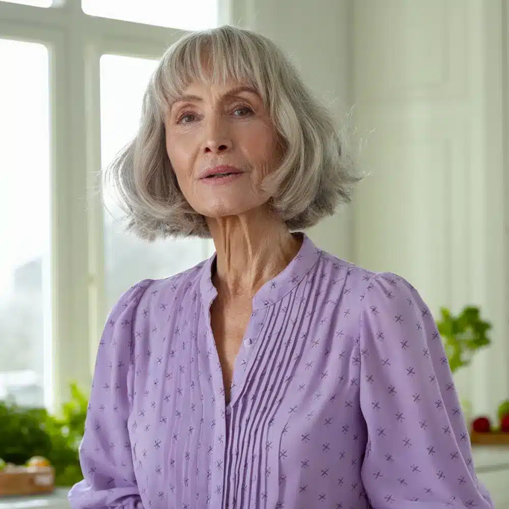 Short shag haircut for women over 70 with bangs and layered volume around the crown and sides