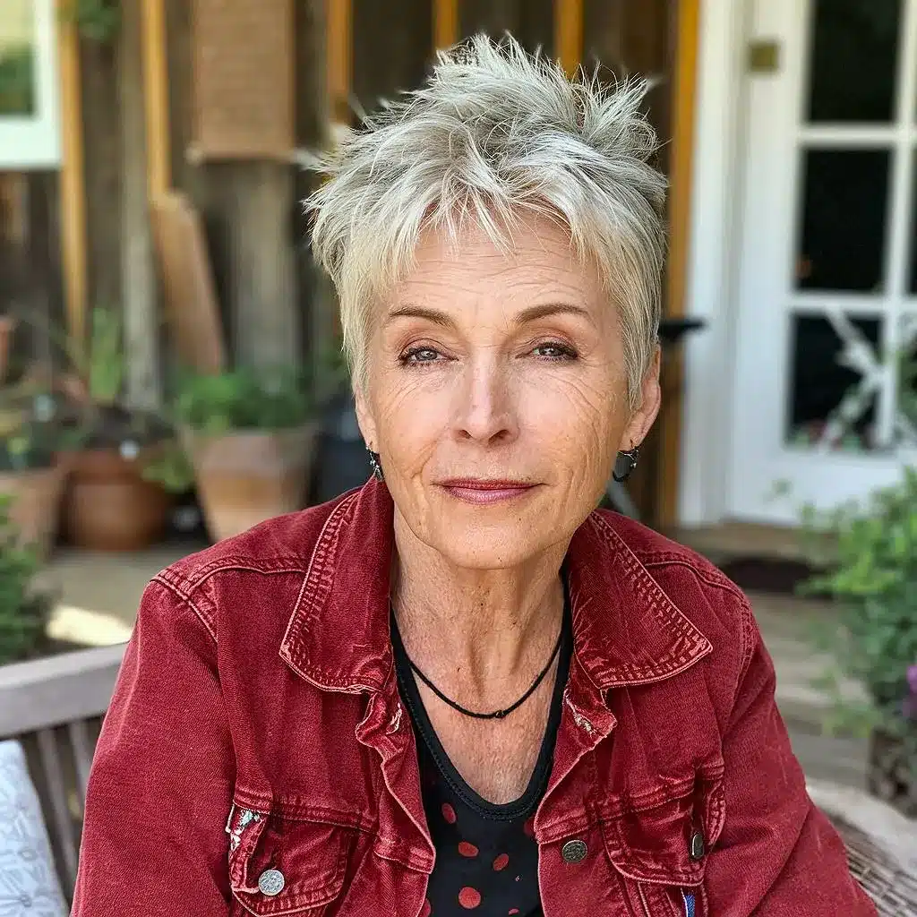 Short spiky shag haircut for women over 70 with textured crown and tapered edges for a bold look