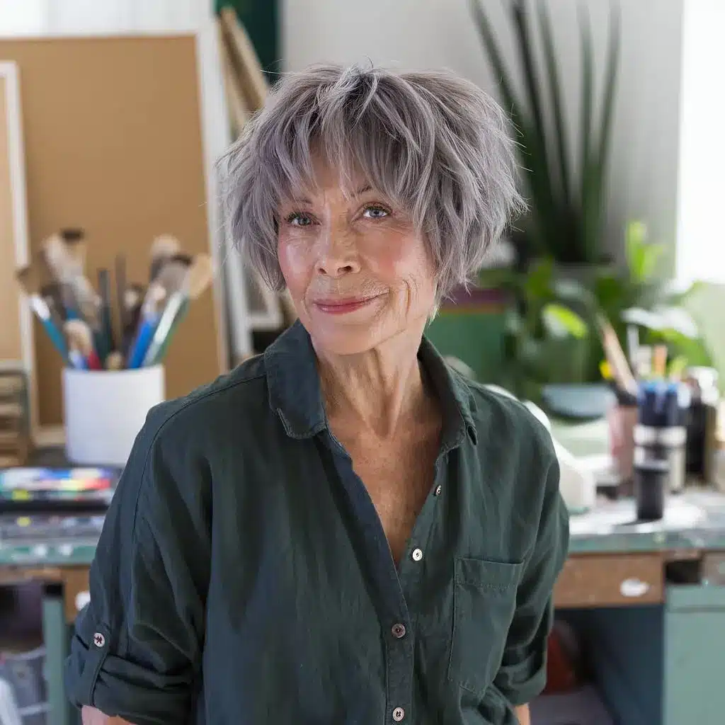 Choppy short bob with shaggy texture for women over 70, layered for volume and movement