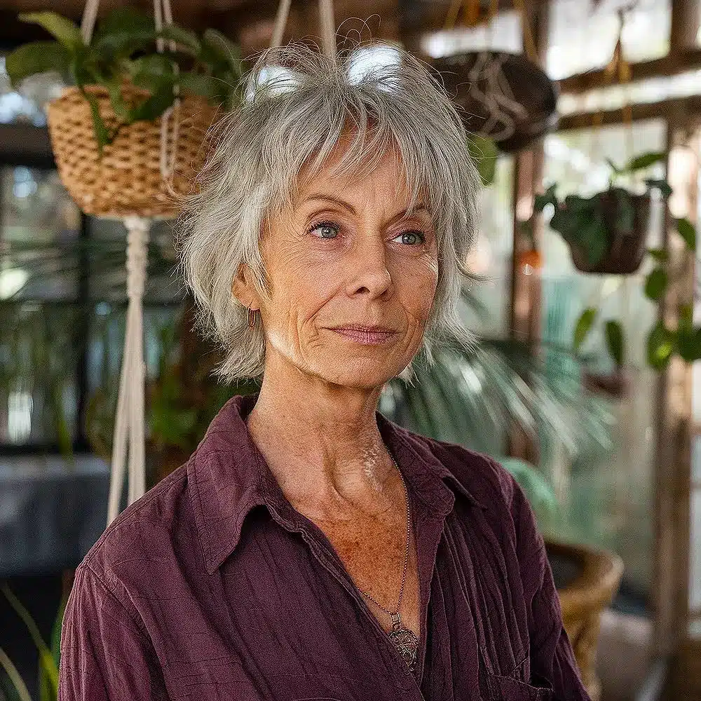 Short wolf cut with shaggy layers for women over 70, featuring face-framing pieces and layered texture