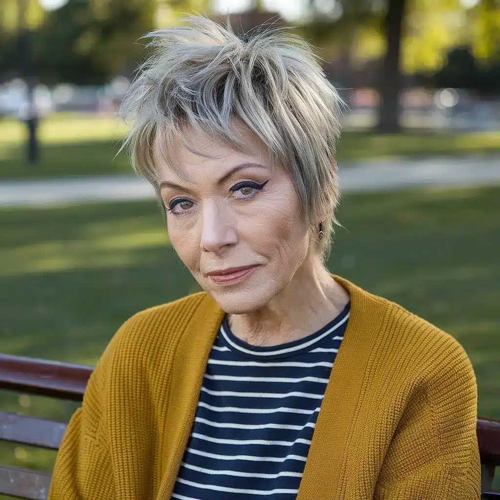 Retro short pixie haircut with tousled shag texture for women over 70, inspired by 90s style
