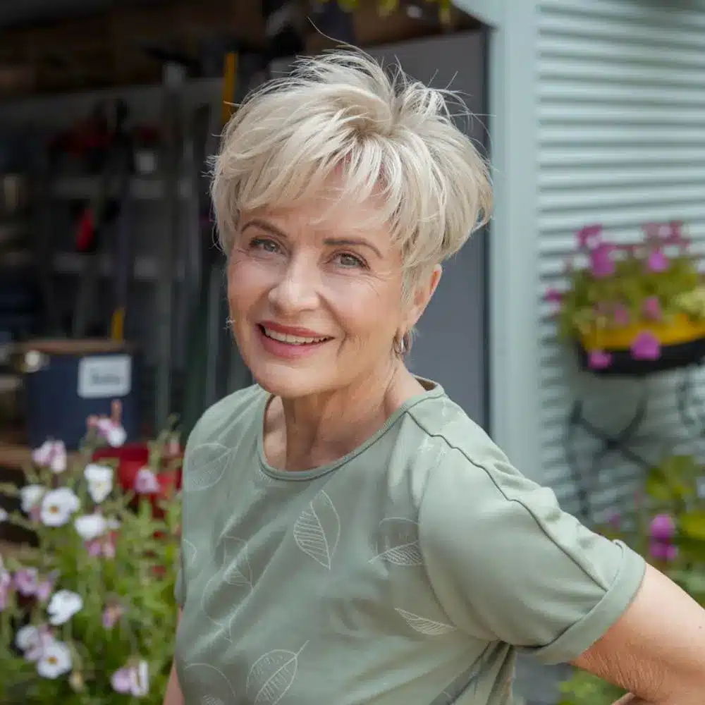 Short shag haircut with choppy layers for women over 70, ideal for adding fullness to fine hair