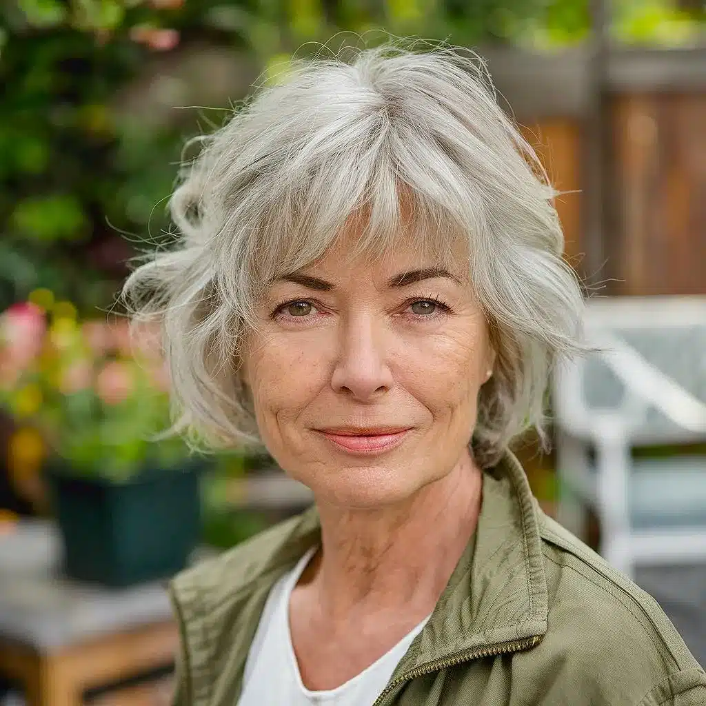 Messy short shag haircut with wispy layers for women over 70, ideal for natural volume and texture