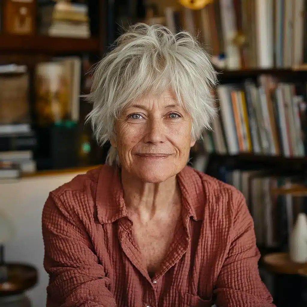 Short shag haircut for women over 70 with feathered layers and tousled ends inspired by the 70s style