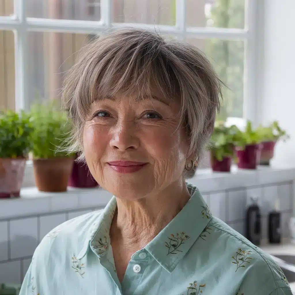 Short shag haircut for round faces over 70 with wispy bangs and side volume for flattering framing