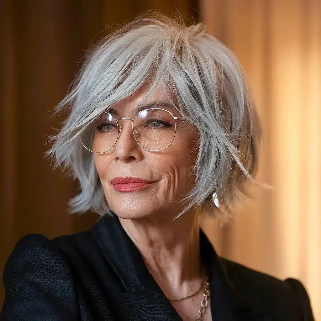 Silvershag short shag haircut for women over 70 with wispy layers and silvery gray tones