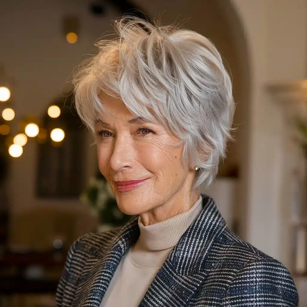 Short shag hairstyle for women over 70 with layered crown and flicked-out ends, called the Glimmecut