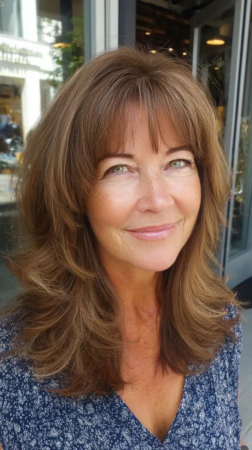 51 Modern Medium Shaggy Hairstyles Women Over 60 Can Pull Off 7 Warm caramel shoulder-length shag with feathered interior layers, featured in 51 Modern Medium Shaggy Hairstyles Women Over 60 Can Pull Off