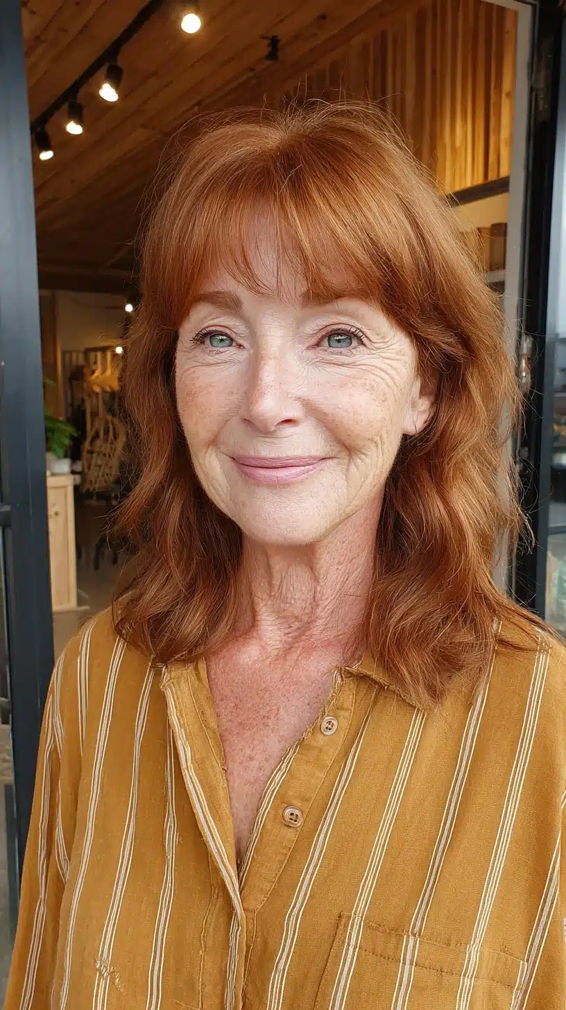 51 Modern Medium Shaggy Hairstyles Women Over 60 Can Pull Off 8 Autumnal copper medium shag with feathered crown and soft micro-wisps from 51 Modern Medium Shaggy Hairstyles Women Over 60 Can Pull Off