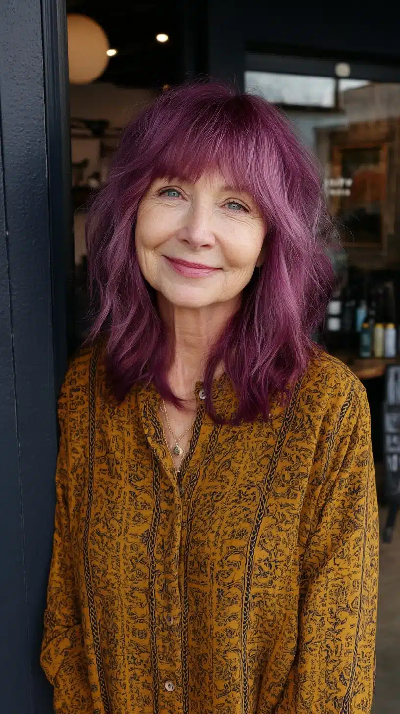 51 Modern Medium Shaggy Hairstyles Women Over 60 Can Pull Off 9 Plum shoulder-length shag with blended silver roots and soft micro-fringe, part of 51 Modern Medium Shaggy Hairstyles Women Over 60 Can Pull Off
