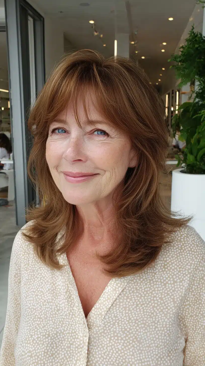 51 Modern Medium Shaggy Hairstyles Women Over 60 Can Pull Off 10 Natural auburn medium shag with root melt and wispy fringe from 51 Modern Medium Shaggy Hairstyles Women Over 60 Can Pull Off
