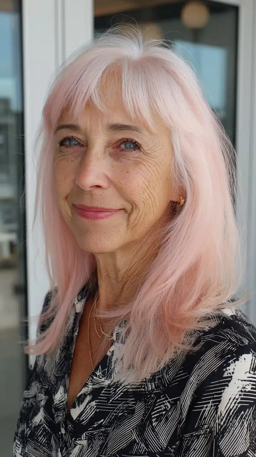 51 Modern Medium Shaggy Hairstyles Women Over 60 Can Pull Off 11 Soft pastel pink shoulder-length shag with wispy micro-bangs, one of 51 Modern Medium Shaggy Hairstyles Women Over 60 Can Pull Off