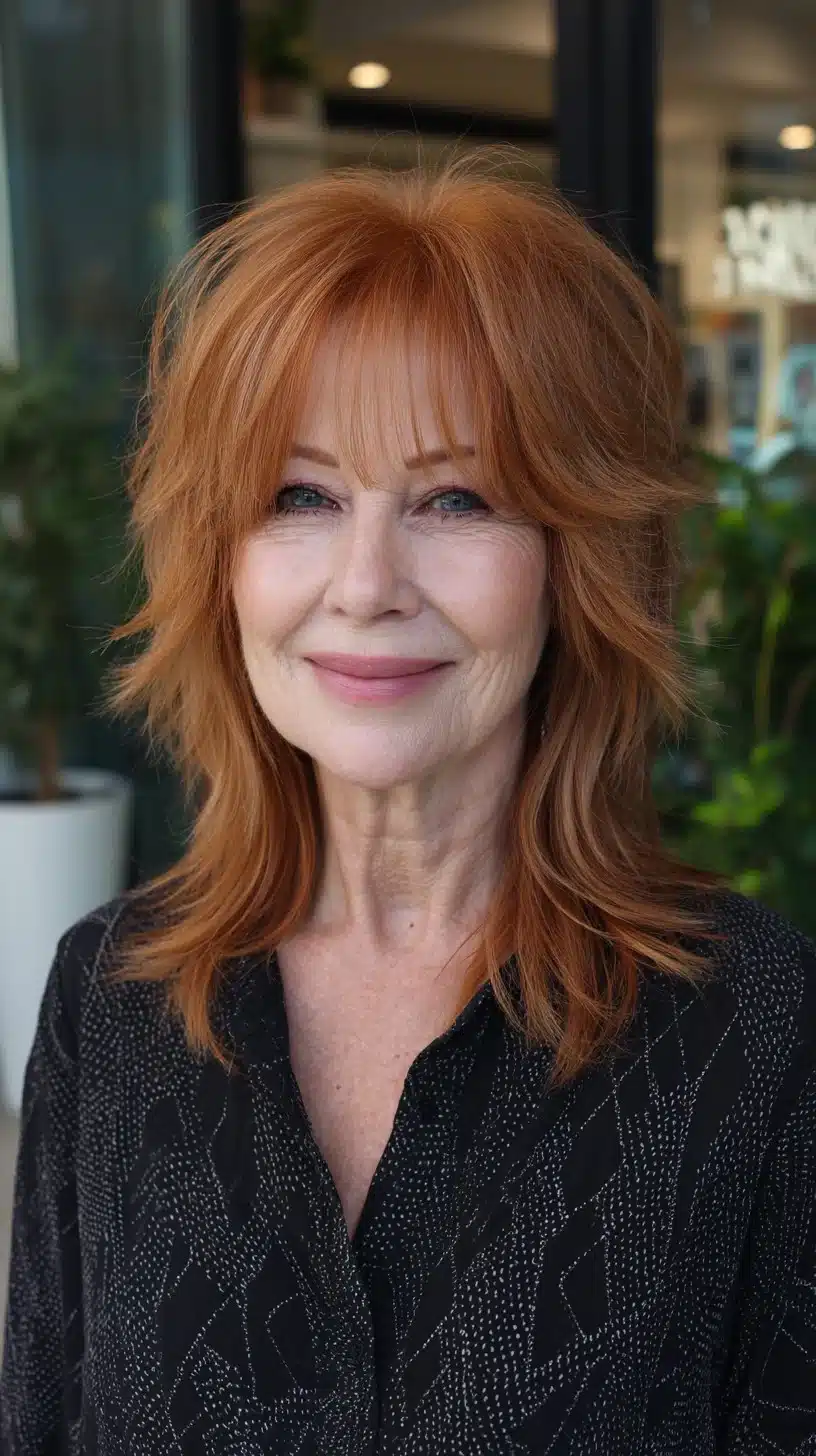 51 Modern Medium Shaggy Hairstyles Women Over 60 Can Pull Off 12 Sunlit red-gold shoulder shag with feathered crown and see-through fringe from 51 Modern Medium Shaggy Hairstyles Women Over 60 Can Pull Off