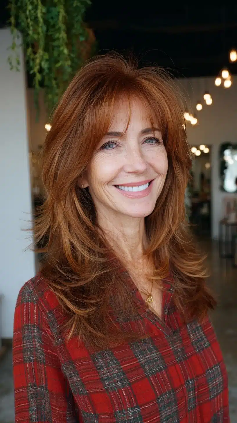 51 Modern Medium Shaggy Hairstyles Women Over 60 Can Pull Off 13 Voluminous copper layered medium shag with center-sliced curtain bangs, featured in 51 Modern Medium Shaggy Hairstyles Women Over 60 Can Pull Off