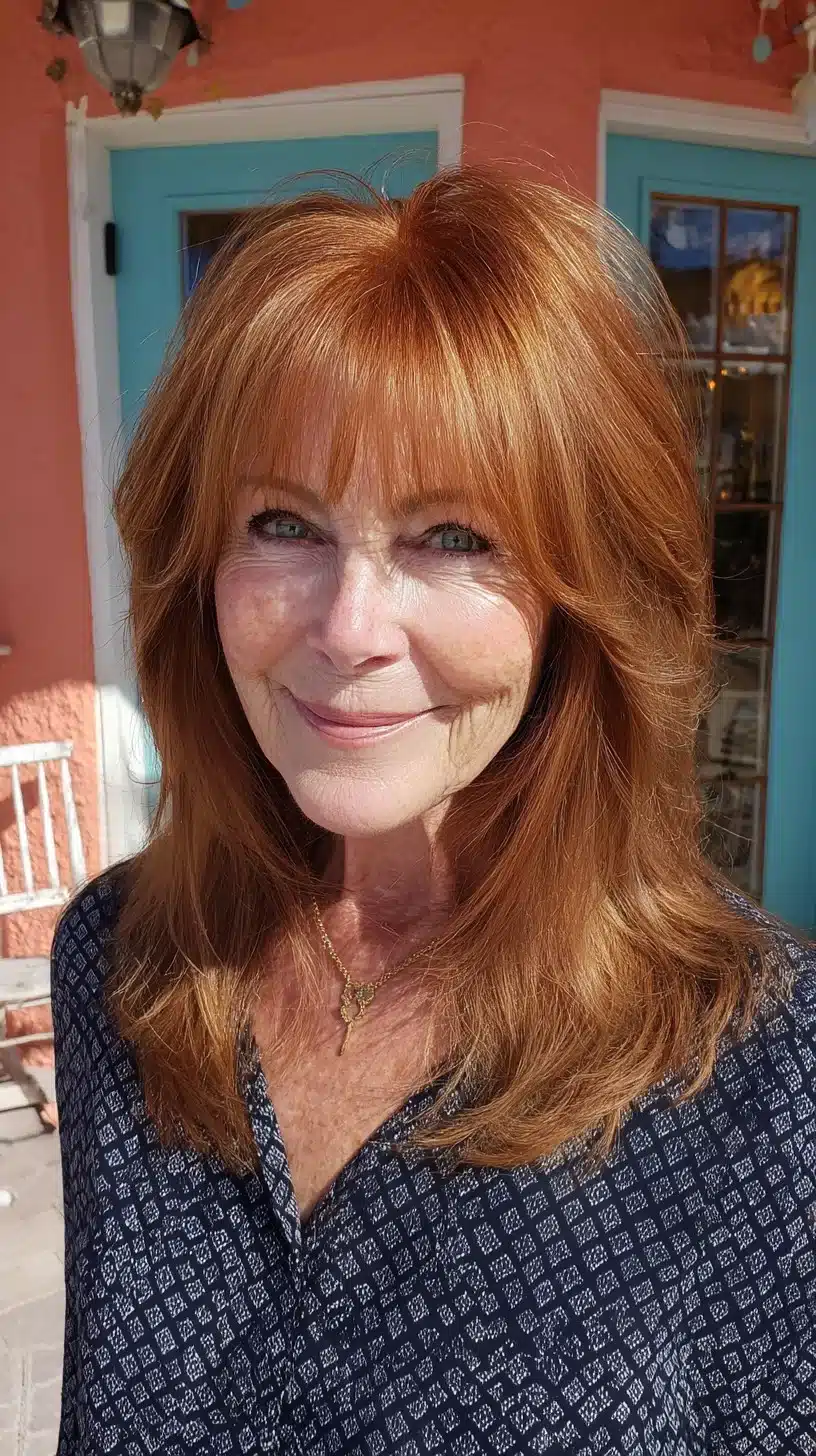 51 Modern Medium Shaggy Hairstyles Women Over 60 Can Pull Off 14 Warm copper layered shoulder shag with brow-skimming textured fringe from 51 Modern Medium Shaggy Hairstyles Women Over 60 Can Pull Off