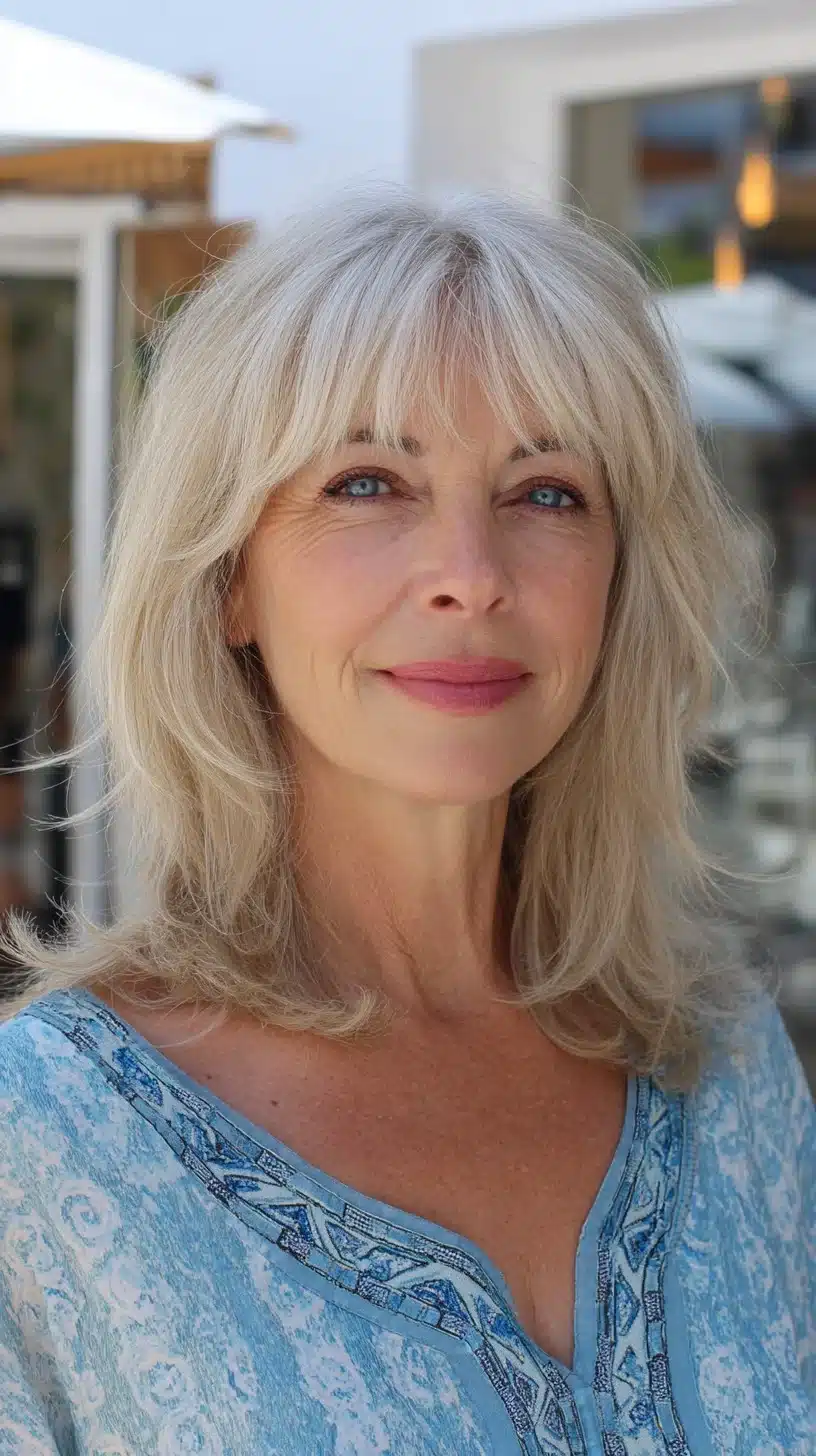 51 Modern Medium Shaggy Hairstyles Women Over 60 Can Pull Off 15 Soft silver shoulder-length shag with see-through fringe and feathered ends, part of 51 Modern Medium Shaggy Hairstyles Women Over 60 Can Pull Off