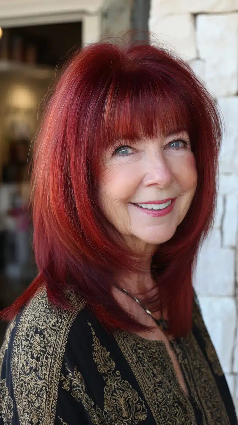 51 Modern Medium Shaggy Hairstyles Women Over 60 Can Pull Off 16 Vibrant layered shoulder-length red shag with textured micro-fringe from 51 Modern Medium Shaggy Hairstyles Women Over 60 Can Pull Off