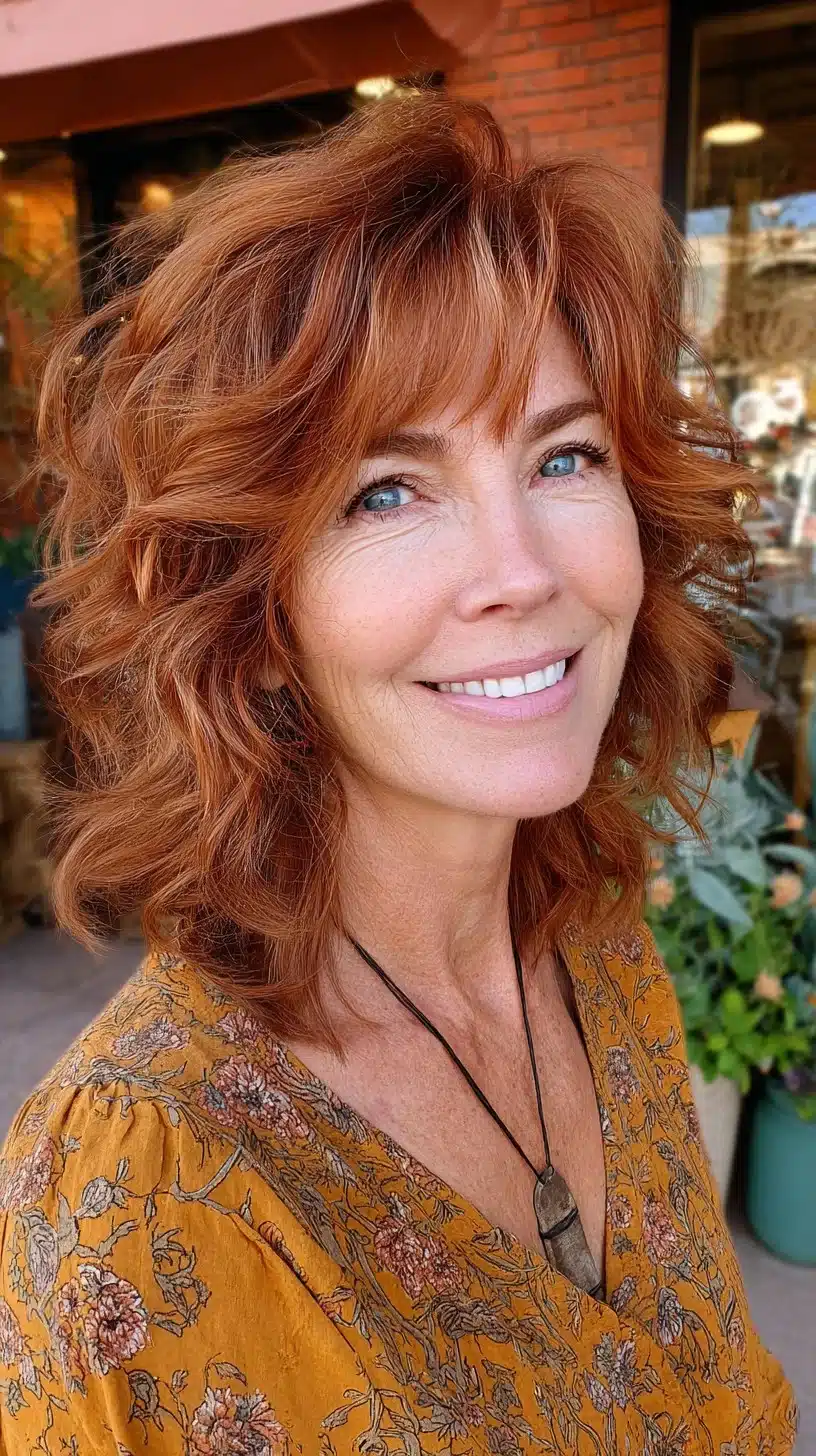 51 Modern Medium Shaggy Hairstyles Women Over 60 Can Pull Off 17 Textured copper shoulder-length shag with soft brow-grazing fringe, one of 51 Modern Medium Shaggy Hairstyles Women Over 60 Can Pull Off