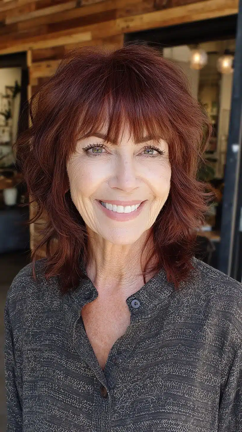 51 Modern Medium Shaggy Hairstyles Women Over 60 Can Pull Off 18 Auburn feathered shoulder-length shag with see-through micro bangs from 51 Modern Medium Shaggy Hairstyles Women Over 60 Can Pull Off