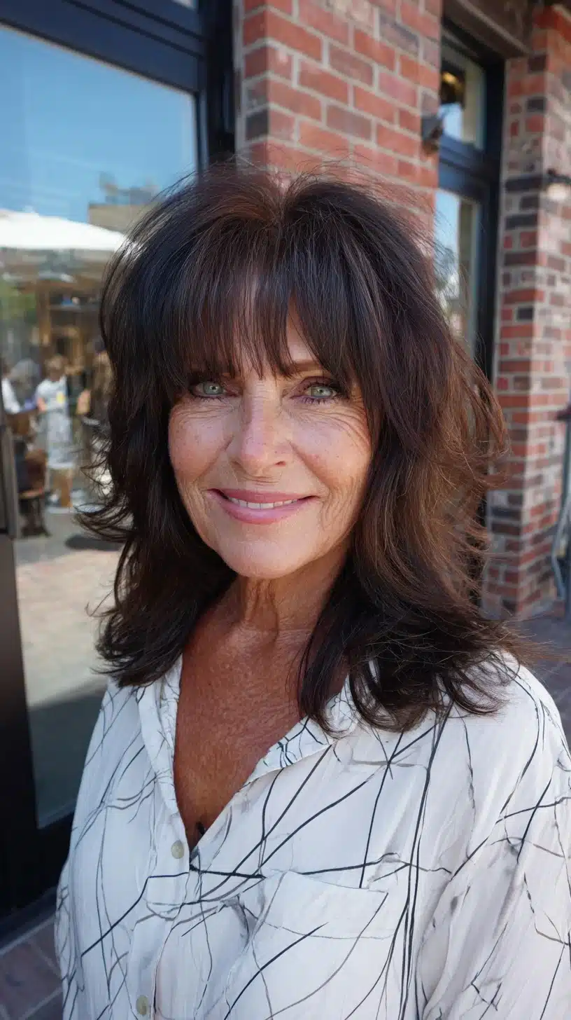 51 Modern Medium Shaggy Hairstyles Women Over 60 Can Pull Off 19 Smoky chestnut mid-length shag with soft face-framing fringe, featured in 51 Modern Medium Shaggy Hairstyles Women Over 60 Can Pull Off
