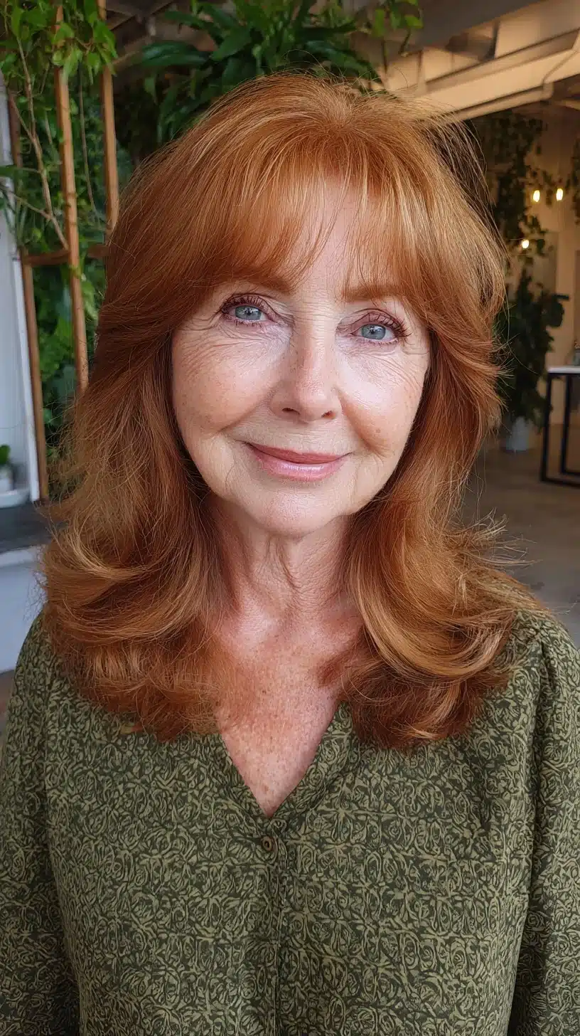 51 Modern Medium Shaggy Hairstyles Women Over 60 Can Pull Off 21 Auburn shoulder shag with soft rounded curtain fringe, part of 51 Modern Medium Shaggy Hairstyles Women Over 60 Can Pull Off