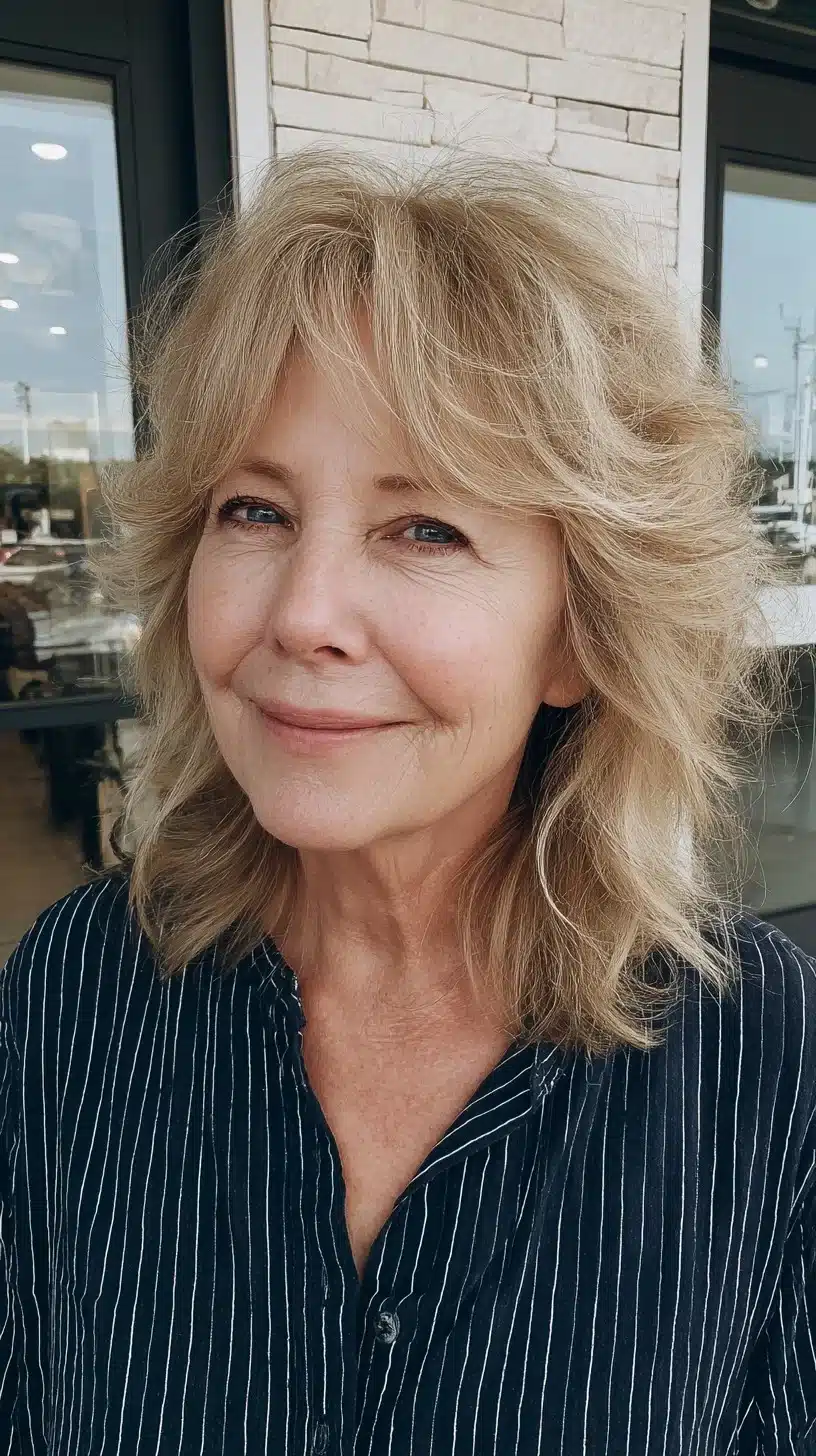 51 Modern Medium Shaggy Hairstyles Women Over 60 Can Pull Off 22 Soft blonde shoulder-length shag with textured curtain fringe from 51 Modern Medium Shaggy Hairstyles Women Over 60 Can Pull Off