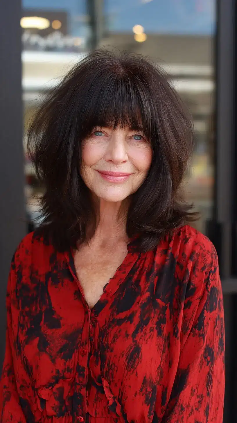 51 Modern Medium Shaggy Hairstyles Women Over 60 Can Pull Off 23 Voluminous medium shag with blunt micro-bangs and face-framing layers, one of 51 Modern Medium Shaggy Hairstyles Women Over 60 Can Pull Off