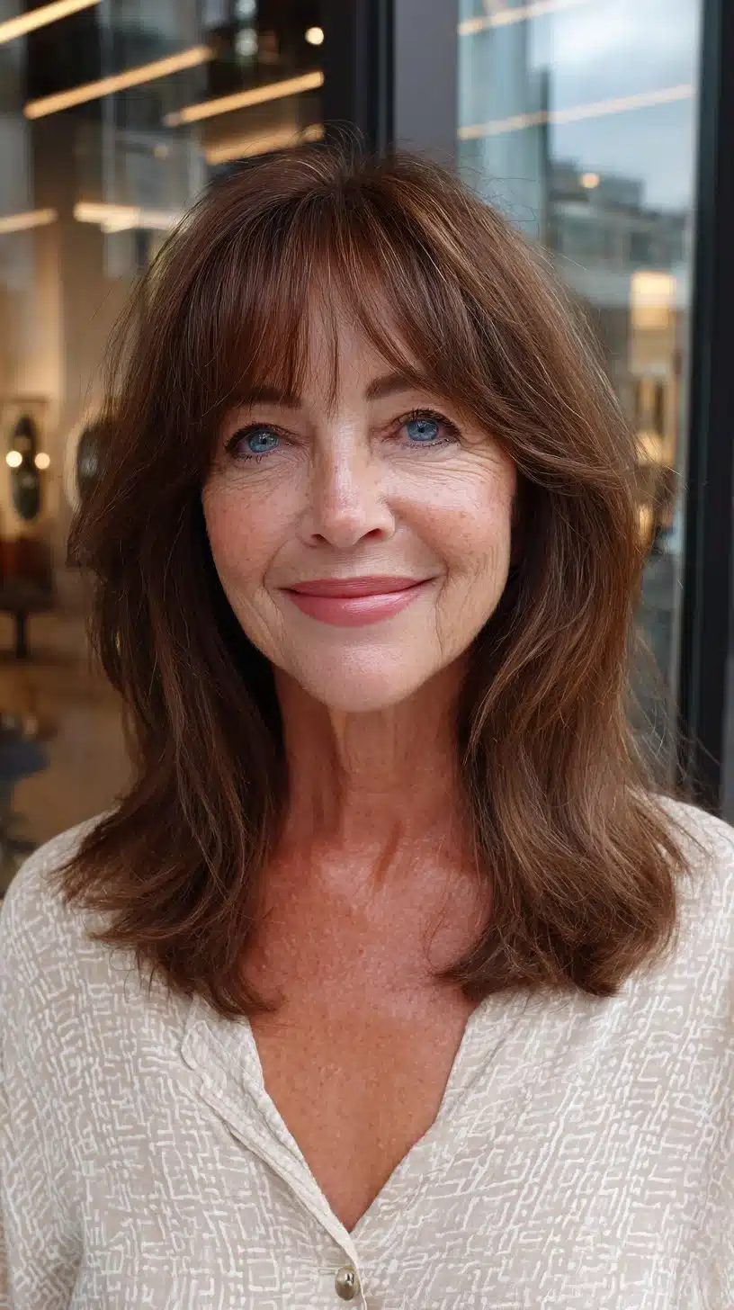 51 Modern Medium Shaggy Hairstyles Women Over 60 Can Pull Off 24 Textured chestnut medium shag with face-framing curtain fringe from 51 Modern Medium Shaggy Hairstyles Women Over 60 Can Pull Off