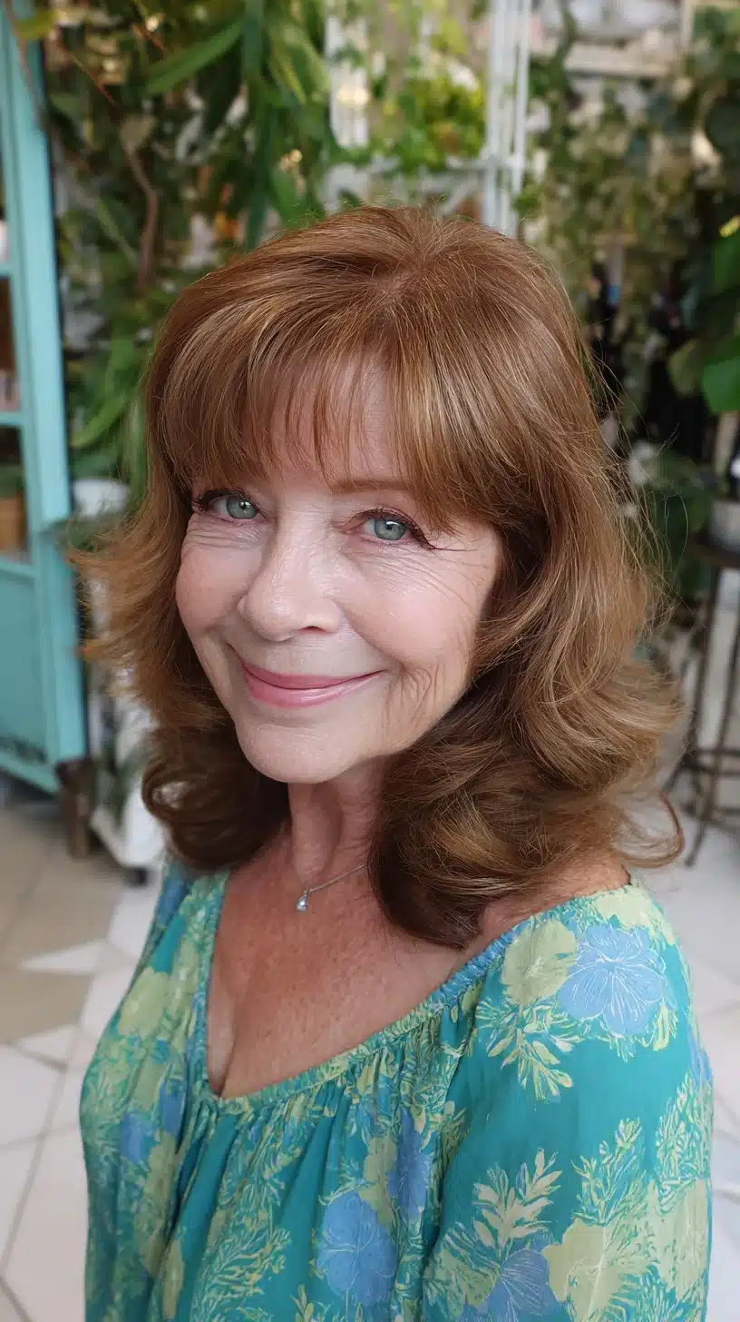 51 Modern Medium Shaggy Hairstyles Women Over 60 Can Pull Off 25 Chestnut layered medium shag with soft rounded fringe, featured in 51 Modern Medium Shaggy Hairstyles Women Over 60 Can Pull Off