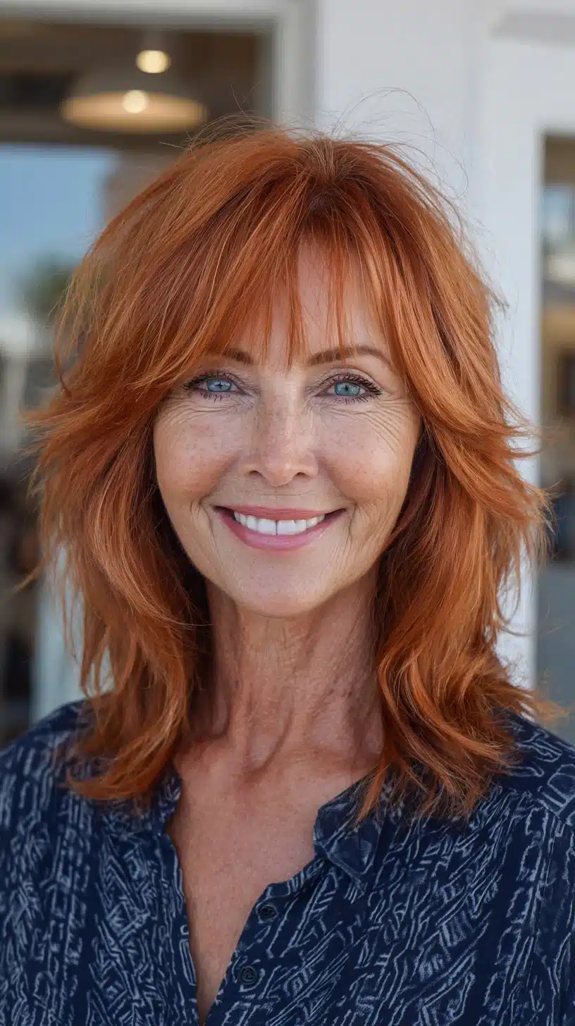 51 Modern Medium Shaggy Hairstyles Women Over 60 Can Pull Off 27 Wind-swept copper medium shag with micro curtain fringe, part of 51 Modern Medium Shaggy Hairstyles Women Over 60 Can Pull Off