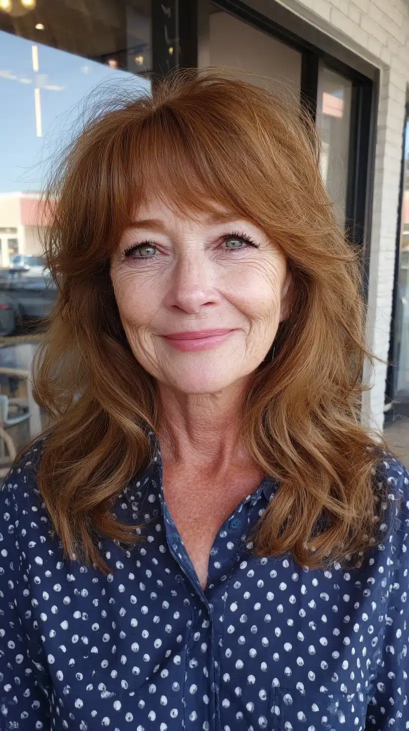 51 Modern Medium Shaggy Hairstyles Women Over 60 Can Pull Off 28 Soft copper shag with wispy curtain fringe from 51 Modern Medium Shaggy Hairstyles Women Over 60 Can Pull Off